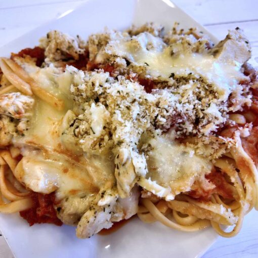 Grilled Chicken Parmesan over Marinara Spaghetti