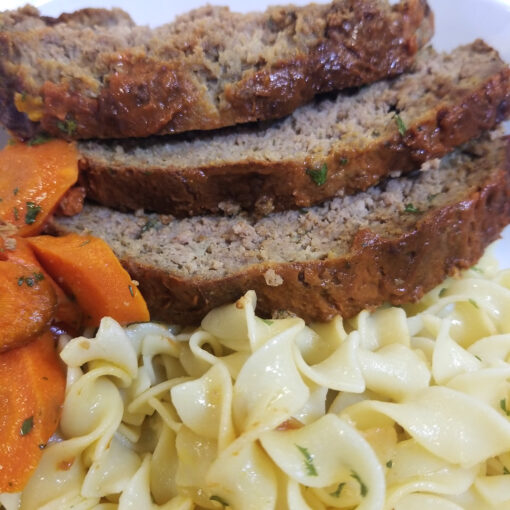 Glazed Meatloaf w/ Buttered Noodles & Roasted Carrots