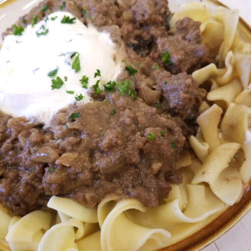 Beef & Mushroom Stroganoff over Egg Noodles