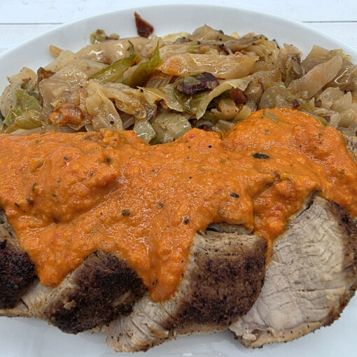 Pork Tenderloin with Tomato Gravy & Bacon-Fried Cabbage