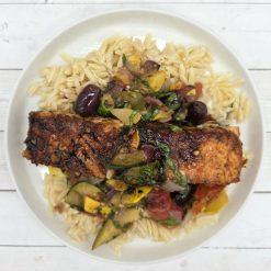 Mediterranean Roasted Salmon w/ Orzo